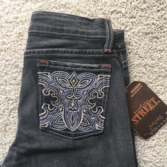 *Flared* Vintage Boho NWT Street Denim Embroidered Faded Black/Grey Wash - Picture 2 of 7